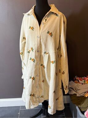 DAVI & DANI Cream Corduroy Midi Dress with Orange Floral Embroidery